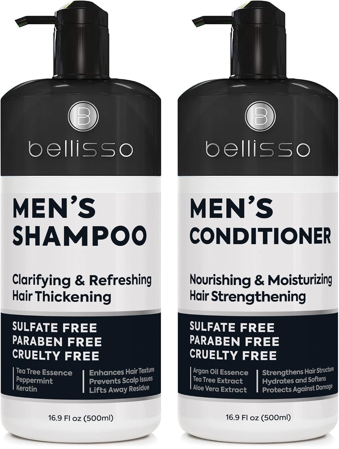 Mens Shampoo and Conditioner Set - Sulfate Free and Clarifying - For Men with Oily to Normal Hair - Moisturizing and Thickening - Biotin, Keratin, Tea Tree Oil, Caffeine and Peppermint for Dandruff