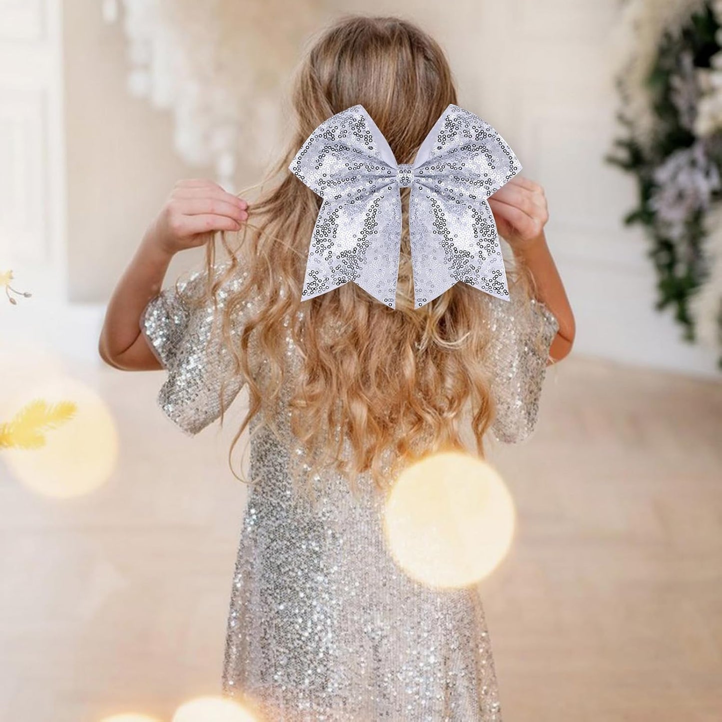 Large Glitter Cheer Bows Clips, Jumbo Big 7 Inch Cheerleading Sequin Hair Bow Hair Accessories for Teens Girls Football Sports Cheerleader Outfit Uniform (Sliver)