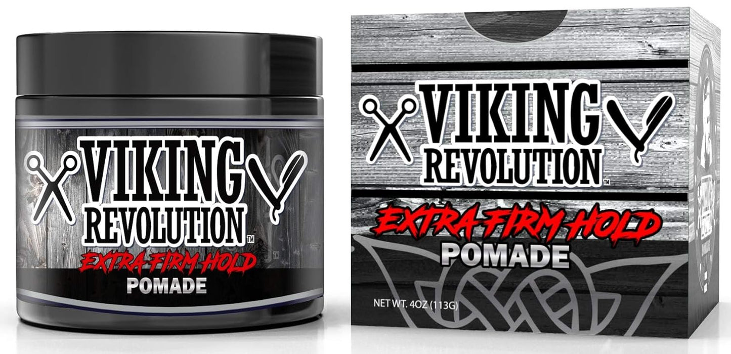 Viking Revolution Extreme Hold Pomade for Men – Style & Finish Your Hair - Extra Firm,Strong Hold & High Shine for Men’s Styling Support - Water Based Male Grooming Product is Easy to Wash Out, 4oz