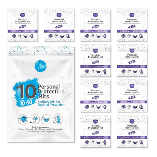 Personal Protection Kit TO GO, Mini 4 Item PPE Kit for travel and school | Includes 1 Each of Face Covering, Gloves, Cleansing Wipes & Hand Cleansing Gel | 10 - Pack (Purple)