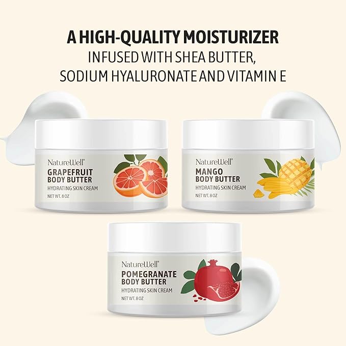 NATURE WELL Shea Body Butter Variety Pack, Includes Grapefruit, Mango, & Pomegranate, Provides Ultimate Nourishment & Hydration, 3 Pack (8 Ounces Each)