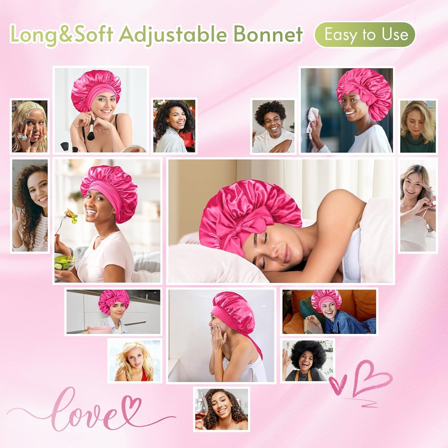 BONNET QUEEN Satin Bonnet Silk Bonnet for Sleeping Hair Bonnet Tie Bonnet for Women with Stretch Band Natural Hair Hot Pink