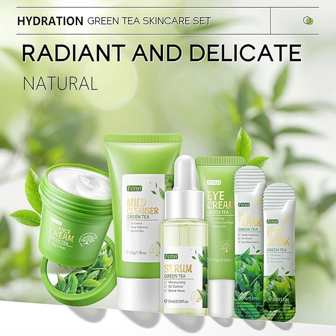 Green Tea Skincare Set, Organic Skin Care Kits Gift Set for Women/Girls, Facial Skincare Routine Kit with Cleanser, Toner, Serum, Cream, Lotion, Eye Cream, Hydrated Skincare Starter Beauty Gift Set
