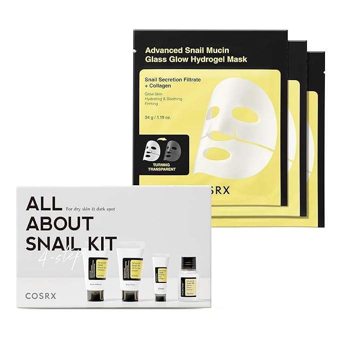 COSRX All About Snail Set + Hydrogel Mask 3EA- Snail Mucin Skincare Set and Glass Glow Hydrogel Collagen Face Mask, Travel Essentials, Stocking Stuffers, Korean Skin Care