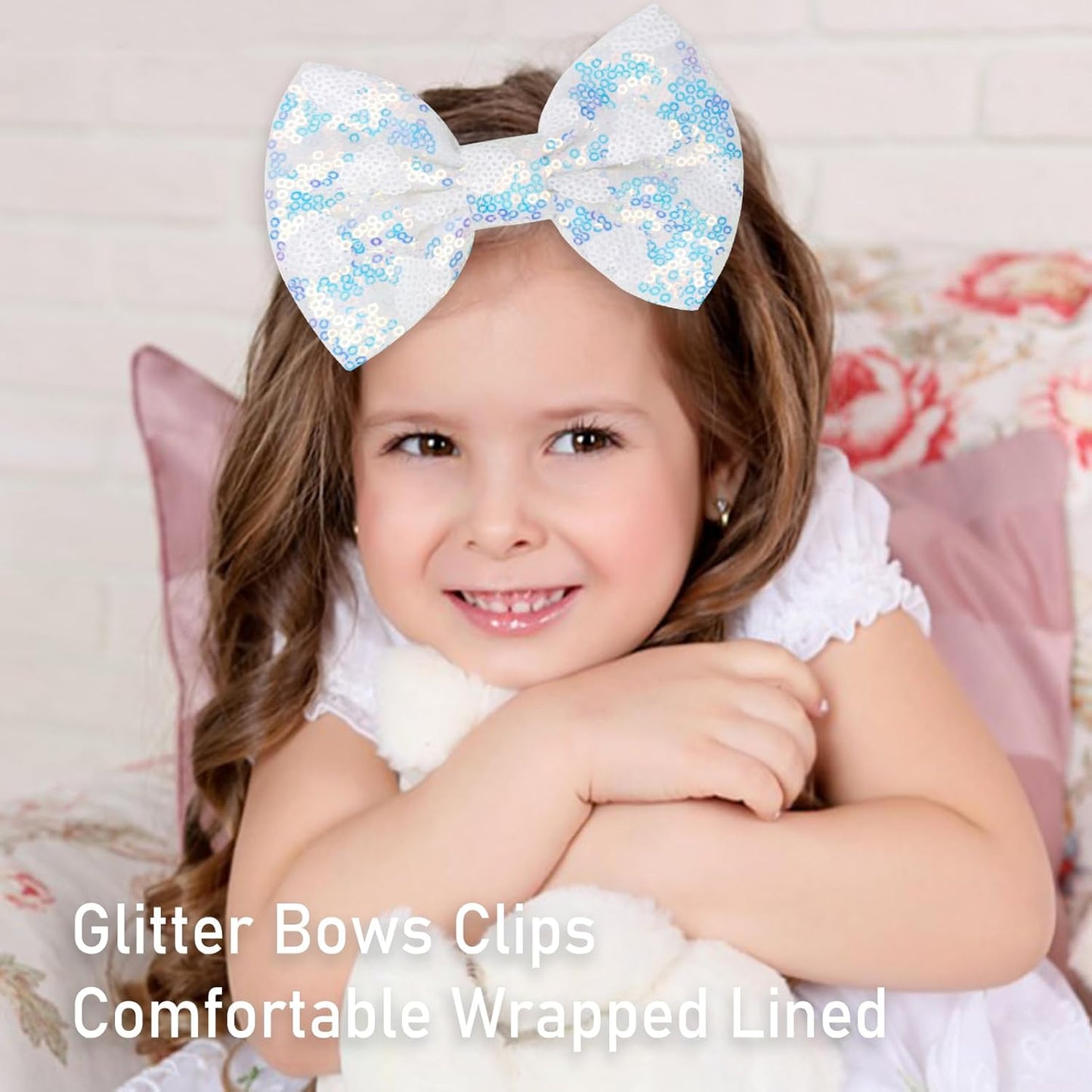 Large Big Sparkling 5 Inch Glitter Heart Hair Bows Clips Sequin Bow Alligator Clips Hair Accessories for Girls, Teens, Toddlers（White）