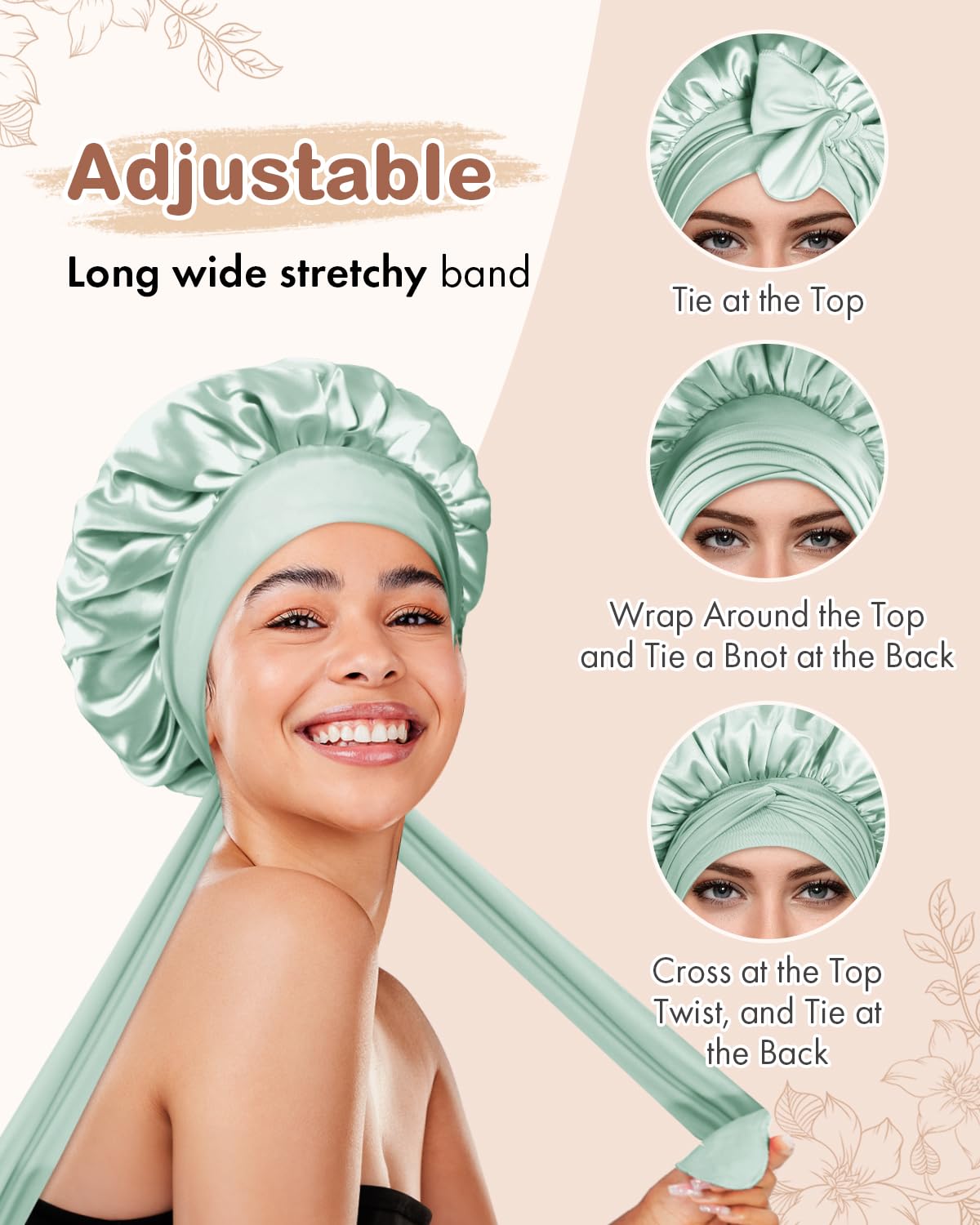 BONNET QUEEN Silk Bonnet for Sleeping Women Satin Bonnet Night Sleep Cap Wrap for Curly Hair with Adjustable Tie Band, Single Layer, Small, Sage