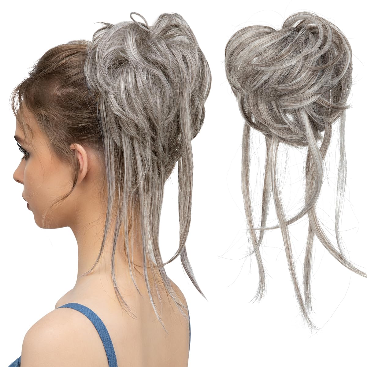CJL HAIR Messy Bun Hair Piece Curly Hair Bun Extensions with Straight Tails Synthetic Hair Scrunchies Ponytail Hairpieces for Women Polar Silver