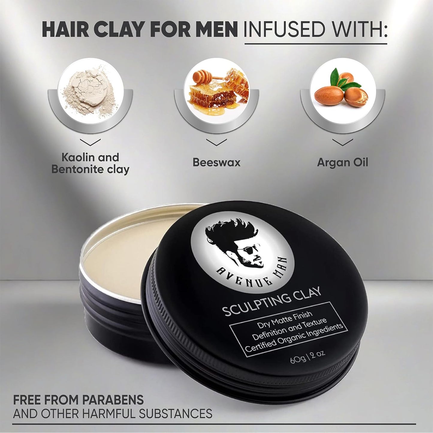 Avenue Man Hair Clay for Men - Matte Finish Sculpting Wax - Strong Hold, Maximum Definition and Textured Control - For All Hair Types - Infused with Beeswax, Kaolin Clay and Argan Oil - 3.0oz/90g