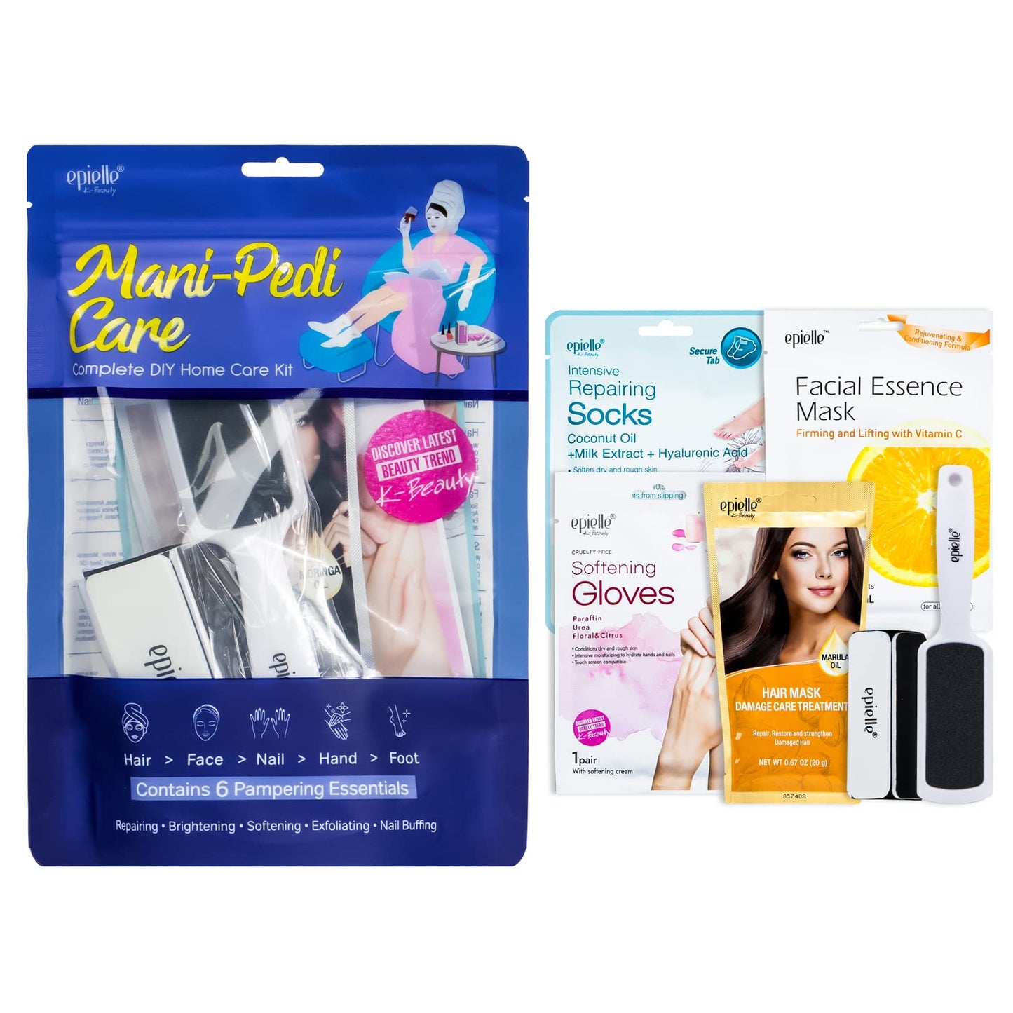 Epielle Mani-Pedi Care Kit, 6 Pampering Spa Essentials, Nail Buffing, Exfoliating, Repairing & Softening, Hand and Foot Care, At-Home Spa Kit, Self Care Gifts for Women, Korean Skin Care Set