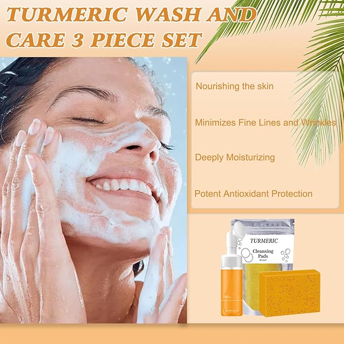 Turmeric Wash and Care Three Piece Set, Tuemeric Facial Cleanser & TurmericSoap Bar & Turmeric Face Scrub Pads, Turmeric Cleansing Skincare Set for Face & Body, Deep Cleaning of the Skin