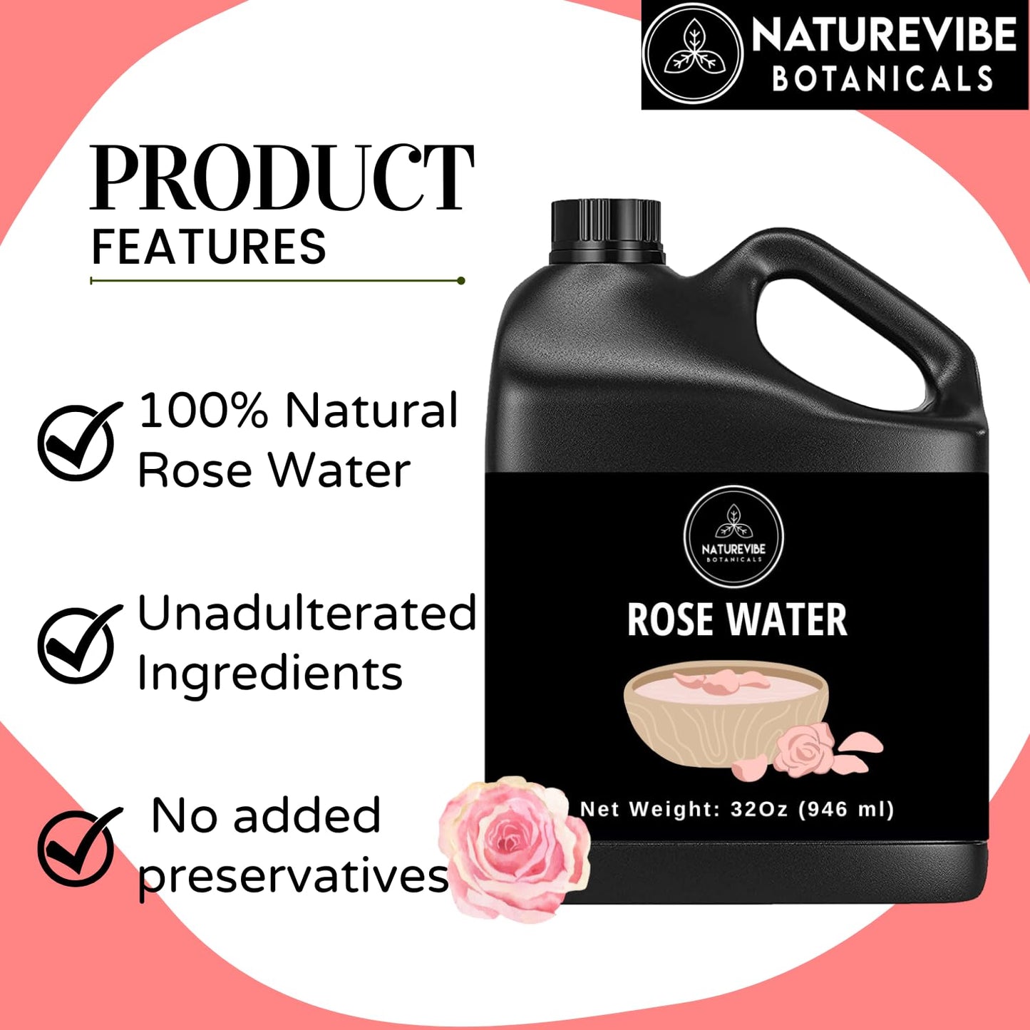 Naturevibe Botanicals Pure Rose Water Toner 32 oz Hydrating Facial Mist & Hair Spray | 100% Natural, Alcohol-Free Skin Care & Makeup Setting Spray