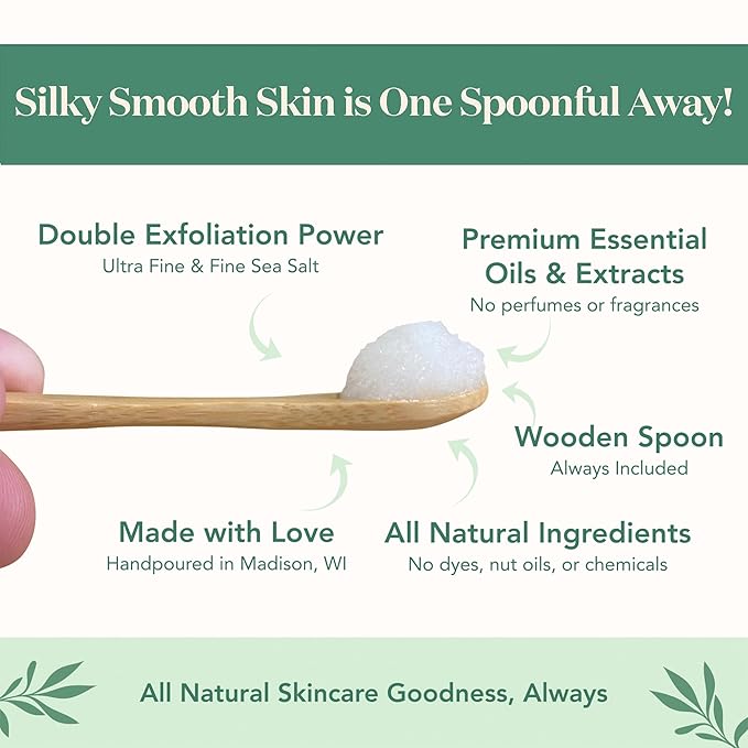 Bare Botanics Unscented Body Scrub 24 oz - Naturally Scented Sea Salt Scrub Made in Madison, WI - Formulated w/Skin Loving Moisturizers - Vegan, Cruelty Free Exfoliator w/a Cute Wooden Spoon