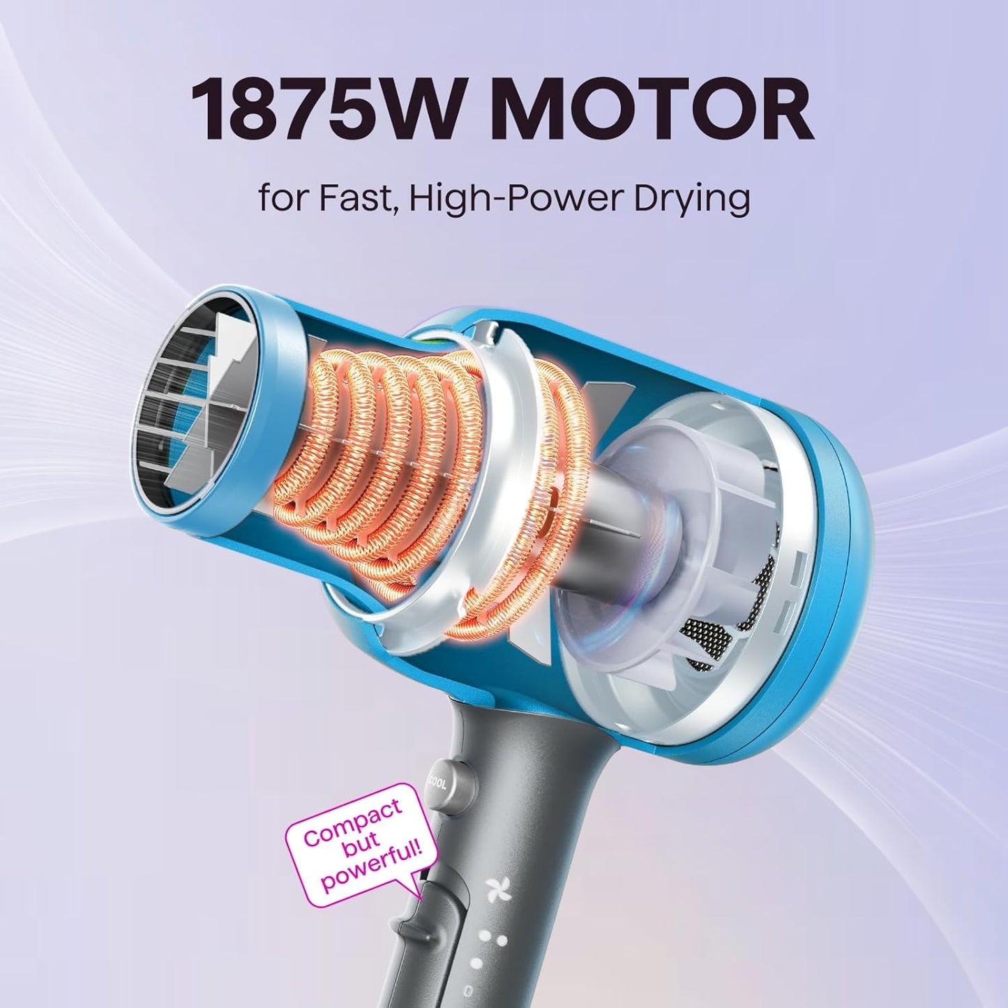 Wavytalk Hair Dryer with Diffuser, Blown Away Ionic Hair Dryer for Curly Hair with Comb, 1875W Fast Drying Blow Dryer with Ceramic Technology, 3 Attachments for All Hair Types, Light and Quiet, Blue