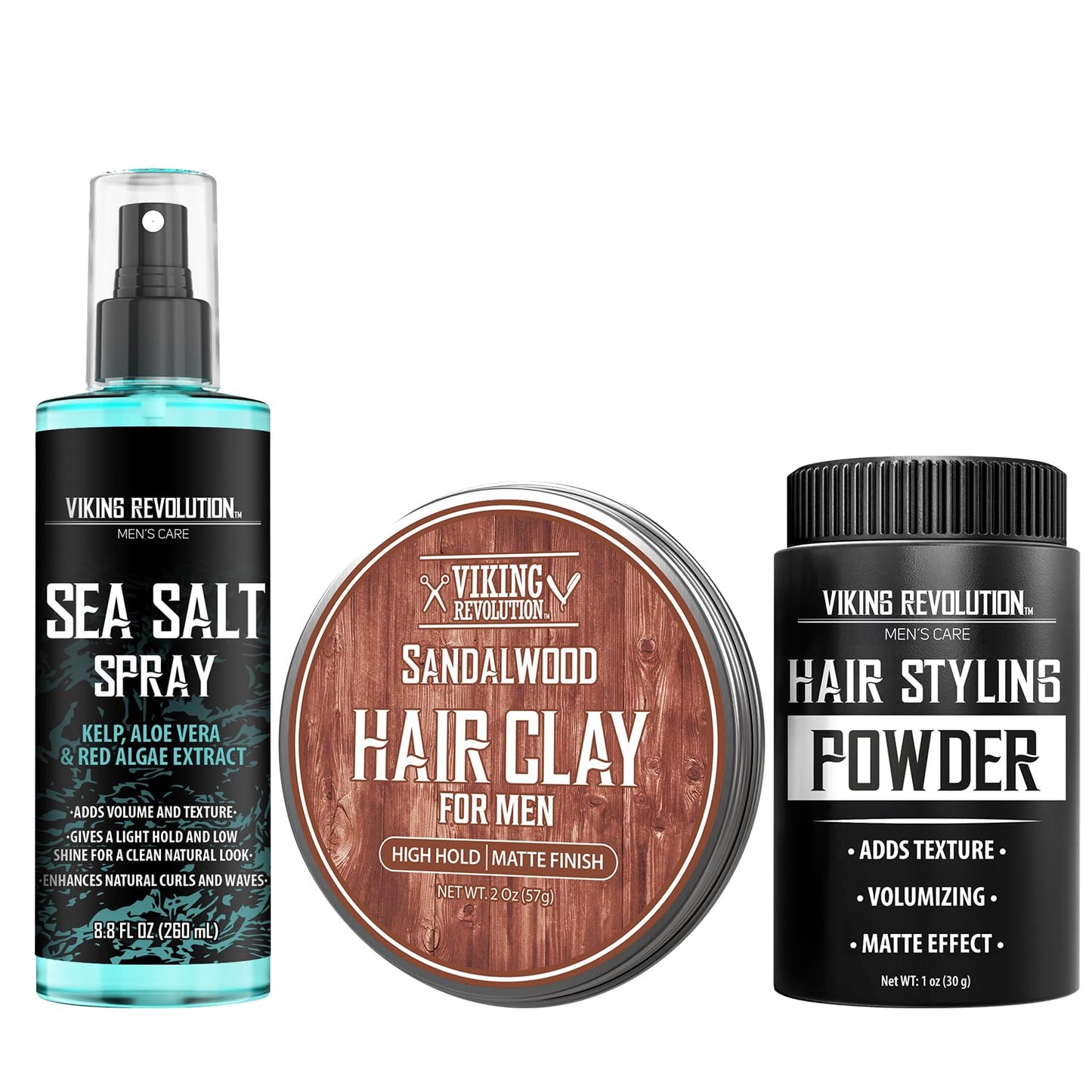 Viking Revolution Sea Salt Spray for Hair Men (8fl oz), Matte Sandalwood Hair Clay (2 oz) and Hair Styling Powder for Men (1oz) - Men Hair Styling Kit - The Ultimate Trio for Texture, Volume, and Hold