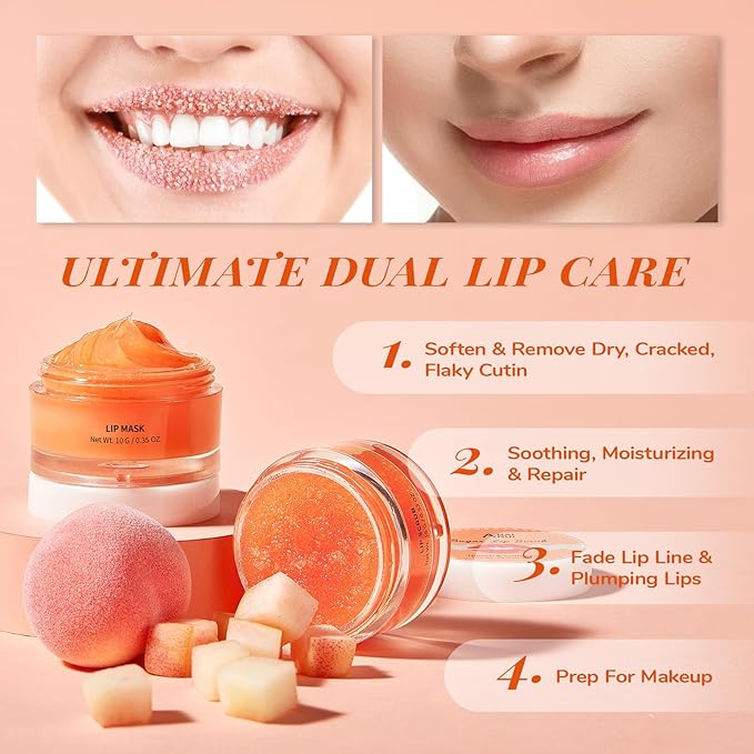 ANAI RUI Lip Mask & Lip Scrub Set, Lip Care Kit, Gift For Mother Girls, Overnight Lip Treatment with Lip Sleeping Mask & Sugar Lip Exfoliator Scrub, Lip Moisturizer for Dry, Chapped, Dark Lips, Peach