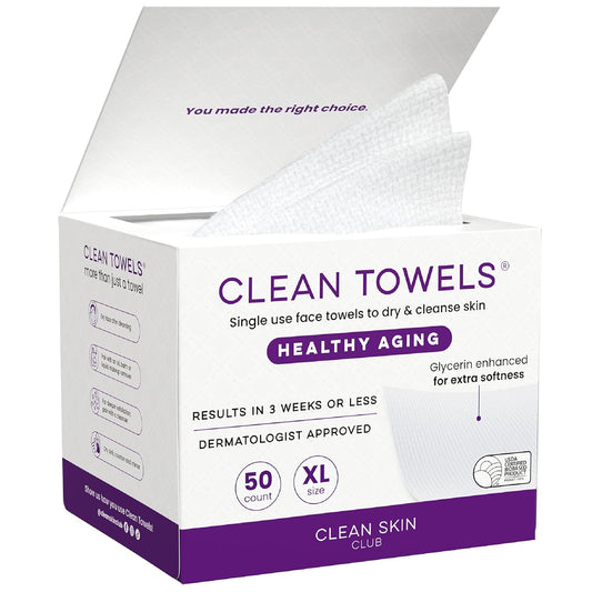 Clean Skin Club Healthy Aging Clean Towels® XL, Smooths Fine Lines Wrinkles & Texture in 6 weeks, Treated for Extra Softness, Disposable Face Towels, Anti Aging Makeup Remover Dry Wipe, 50 count