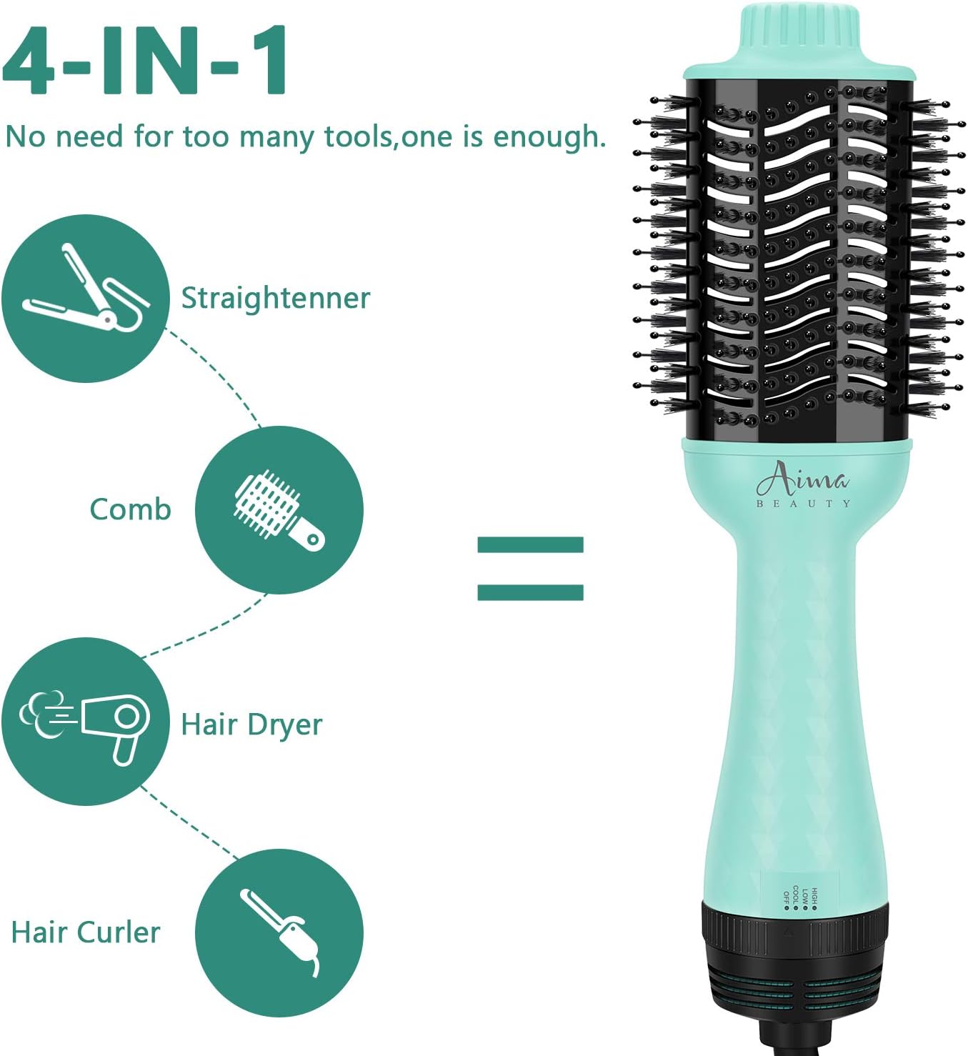 Aima Beauty One-Step Volumizer Hair Dryer Brush, 4-in-1 Upgrade Hot Air Brush for Less Frizz, More Shine, Oval Brush for Blowout, Light Green