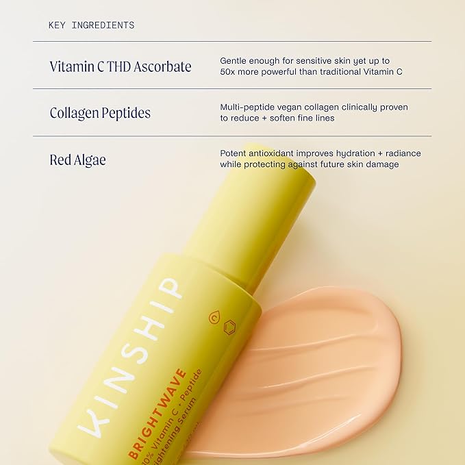 Kinship Brightwave Vitamin C Face + Eye Duo - 10% Vitamin C Serum (1 Fl Oz) + Brightening Eye Cream (0.5 Oz) | Fade Dark Spots - Reduce Fine Lines, Wrinkles, Dark Circles + Puffiness - All Skin Types