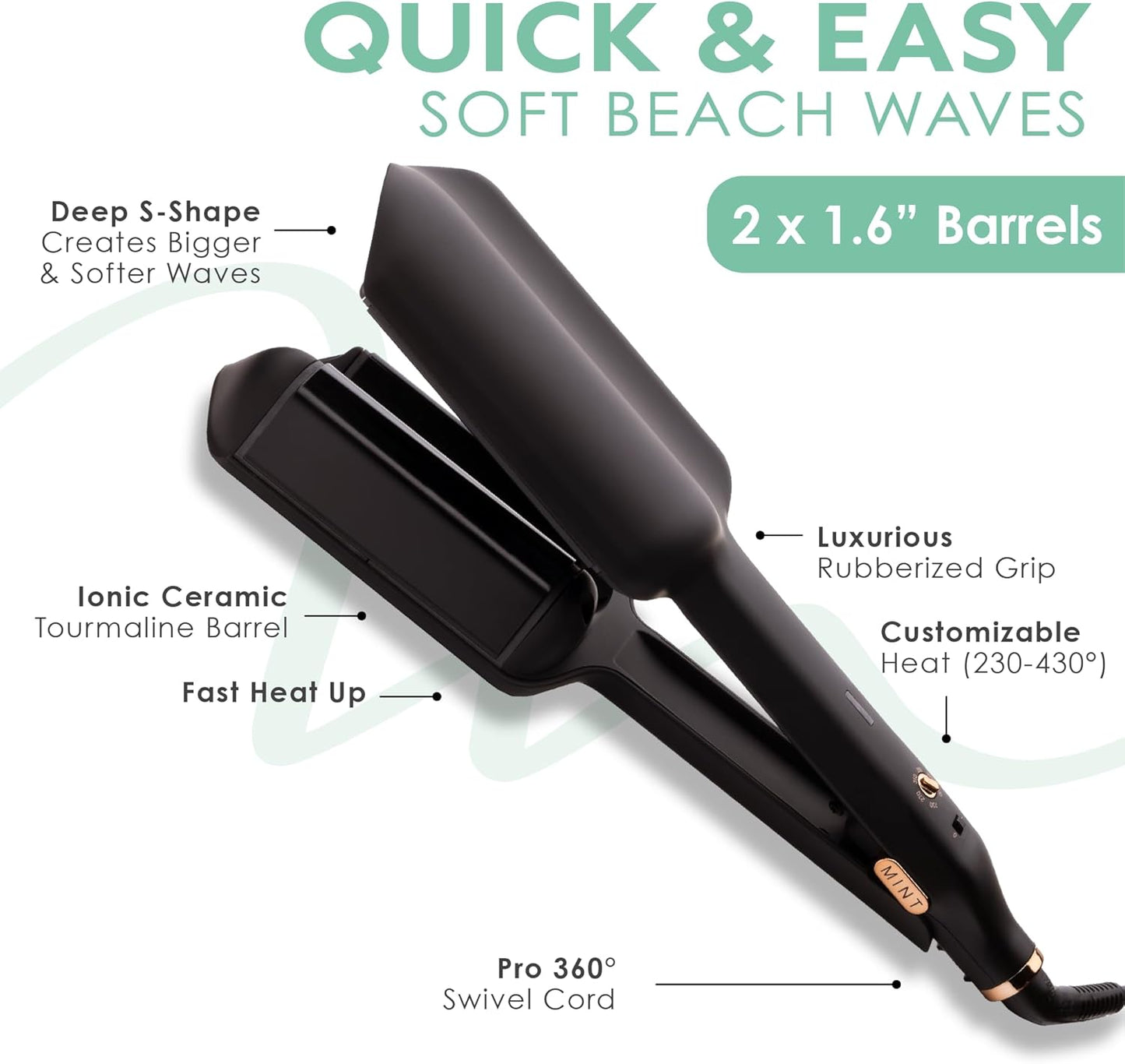 MINT Double Barrel Mermaid Hair Waver for Long Hair | Ionic Deep Waver Tool Creates Volume & Large Beach Waves | Wave Crimper Tool | Waving Iron with Adjustable Temperature