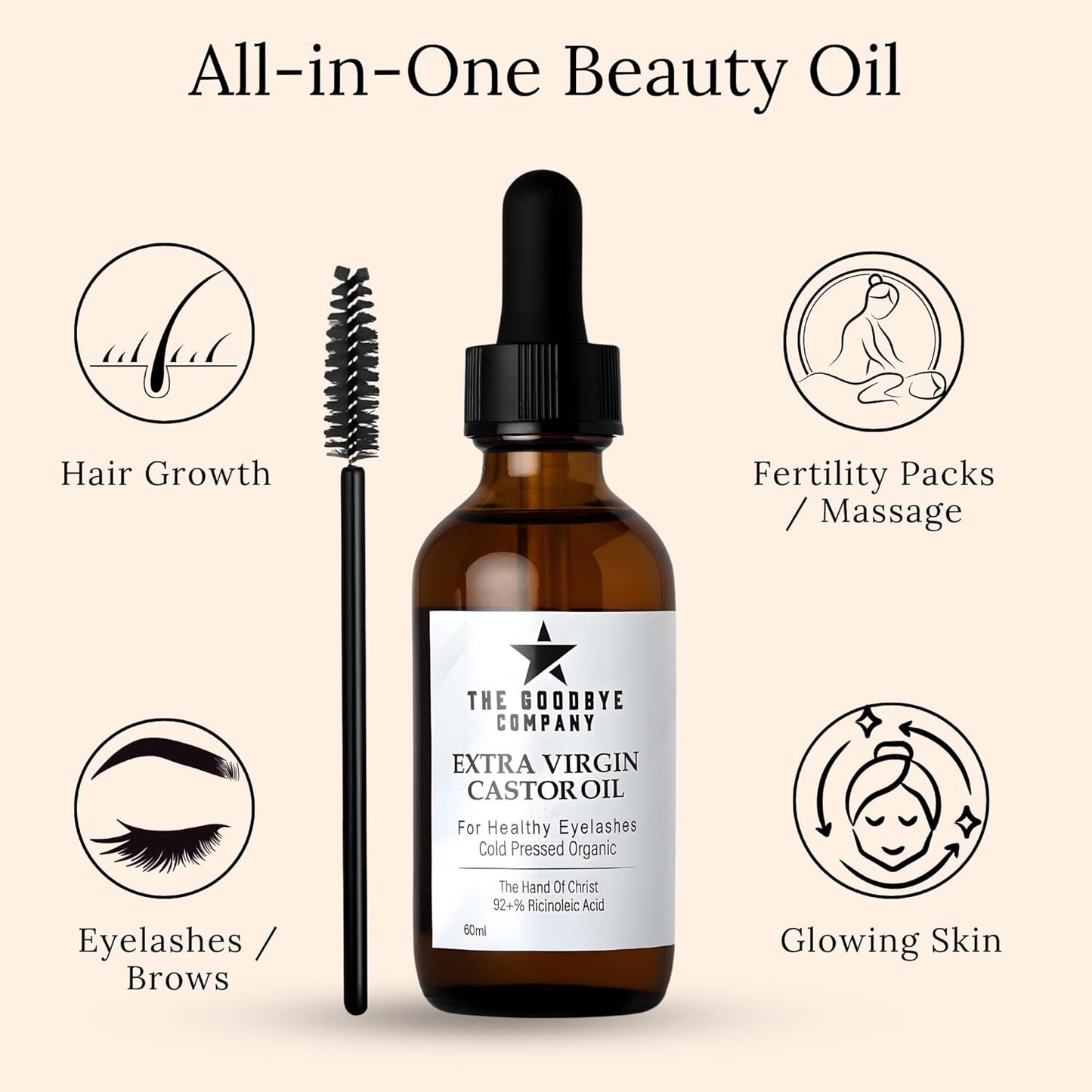 The Goodbye Company Organic Castor Oil 60ml - Small Batch Regenerative Farm, Manually Cold Pressed from Choice Beans - Pure Hexane-Free for Hair Growth, Eyelashes, Skin & Fertility Packs