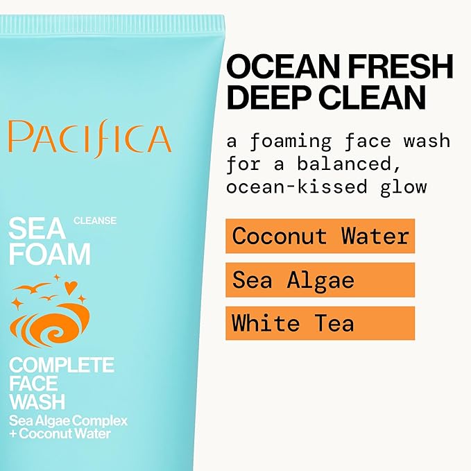 Pacifica Face Wash - Sea Foam Mini Travel Size, Skincare, Daily Gentle Foaming Cleanser, Makeup Remover, Face Cleanser, Skin Care, For Combination and Oily Skin, Vegan, 1.4 fl oz (1 Count)