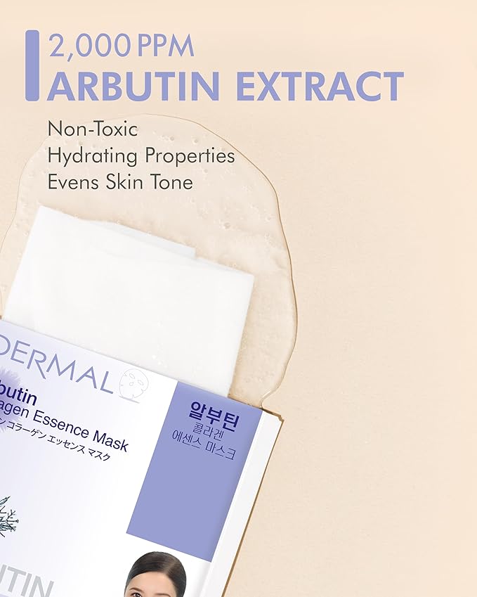 DERMAL Arbutin Collagen Essence Facial Mask Sheet 23g Pack of 10 - Anti Aging for Troubled Skin, Daily Skin Treatment Solution Sheet Mask