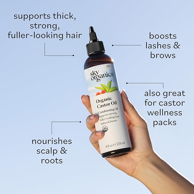 Sky Organics - Castor Oil Organic - Volumizing Hair Oil - Scalp, Lashes, Brows - Pure Castor Oil Cold Pressed - Natural Conditioner - Omega Fatty Acids, Vegan - Beauty, Hair Care - 8oz w ebook