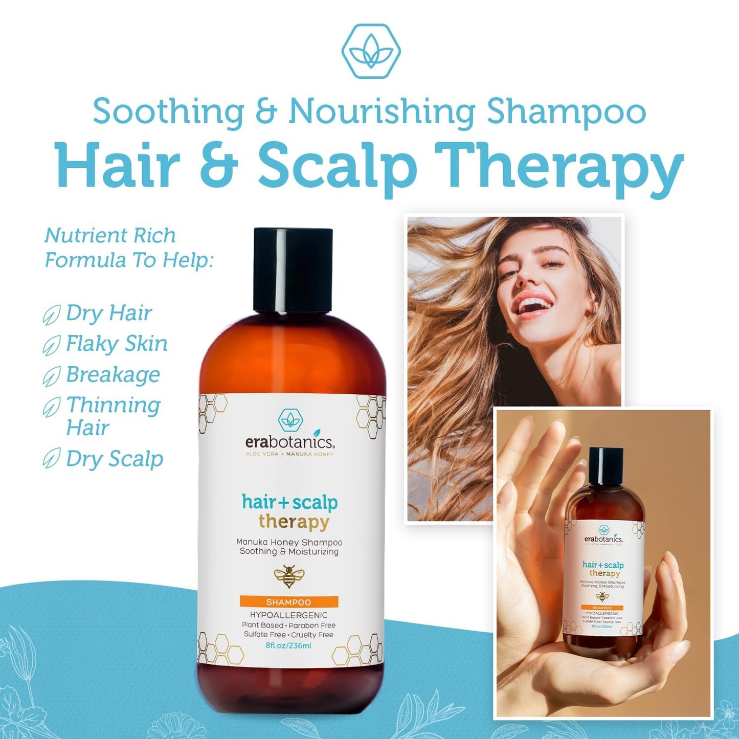 Era Organics Manuka Honey Dry Scalp Shampoo - Sulfate Free, Soothing and Moisturizing for Damaged Hair - Family Friendly for Women or Men