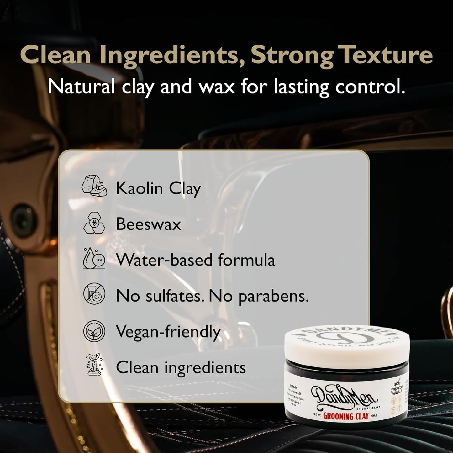 Grooming Clay – Strong Hold, Natural Matte Finish, and Flexible Styling with Kaolin Clay & Beeswax – Tobacco Vanilla Scent – 3.4 oz (1-pack)