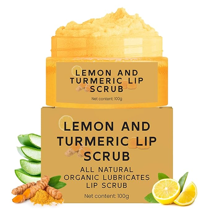 Turmeric Lemon Lip Scrub, Turmeric Lip Exfoliator with Aloe Vera Gentle Exfoliant Natural Lip Scrub for Dry, Chapped, Reduce Fine Lines Lip 100g