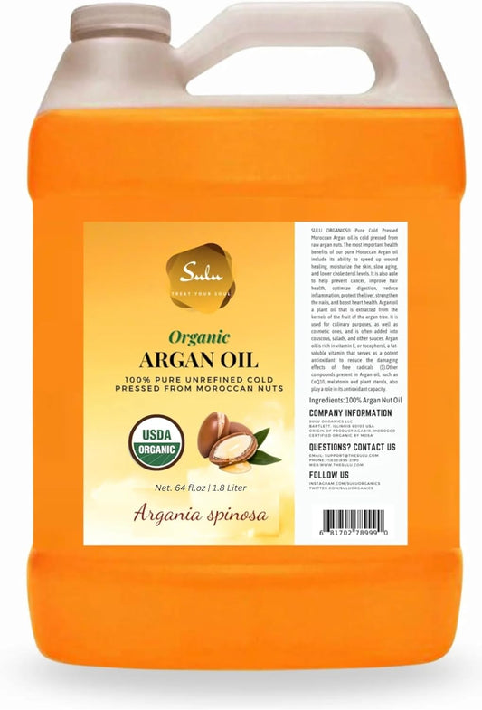 100% Pure Organic Cold Pressed Unrefined Virgin Moroccan Argan Oil (64 fl. oz)
