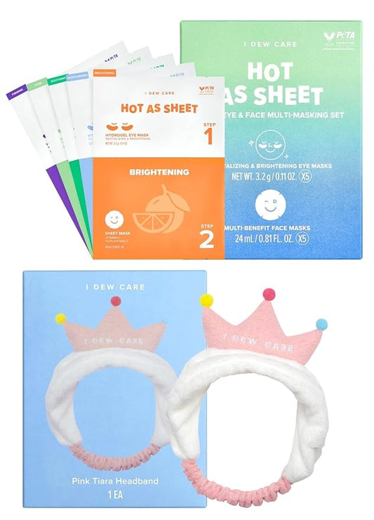 I DEW CARE Sheet Mask Pack - Hot as Sheet 5-Day Eye&Face Multi-masking Set + Face Wash Headband - Pink Tiara Bundle