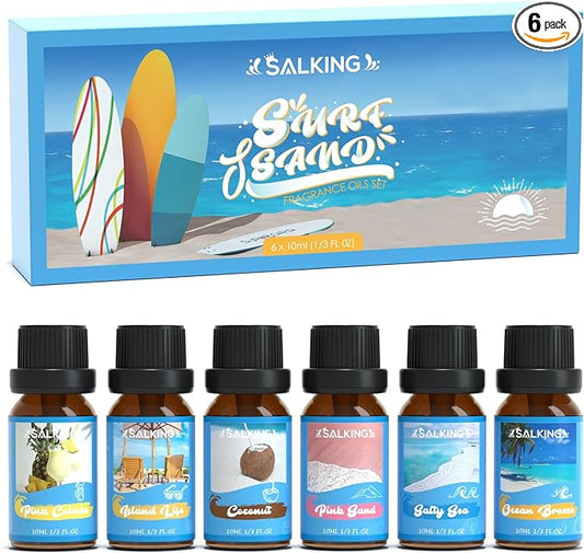 SALKING Surf & Sand Fragrance Oils, Premium Essential Oil for Diffuser, Scented Oil Gift Set for Soap Candle Making - Ocean Breeze, Salty Sea, Pink Sand, Coconut, Island Life, Pina Colada