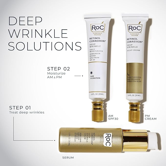 RoC Retinol Correxion Deep Wrinkle Anti-Aging Night Cream, Daily Face Moisturizer with Shea Butter, Glycolic Acid and Squalane, Skin Care Treatment, 1 Ounces (Packaging May Vary)