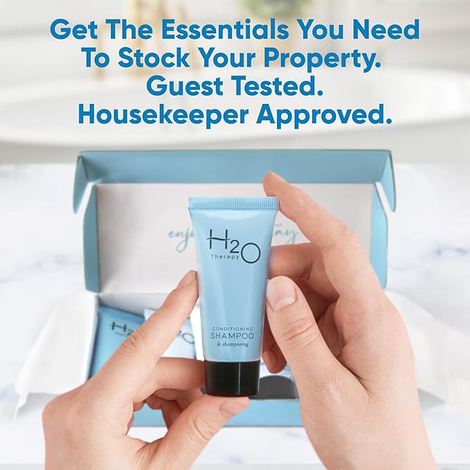 H2O Therapy Amenity Kit | Hotel Bulk Toiletries | 0.85 oz Shampoo, Conditioner, Lotion, Body Wash, Body Bar Soap for Guest Hospitality Vacation Rentals | 1 Set/Case