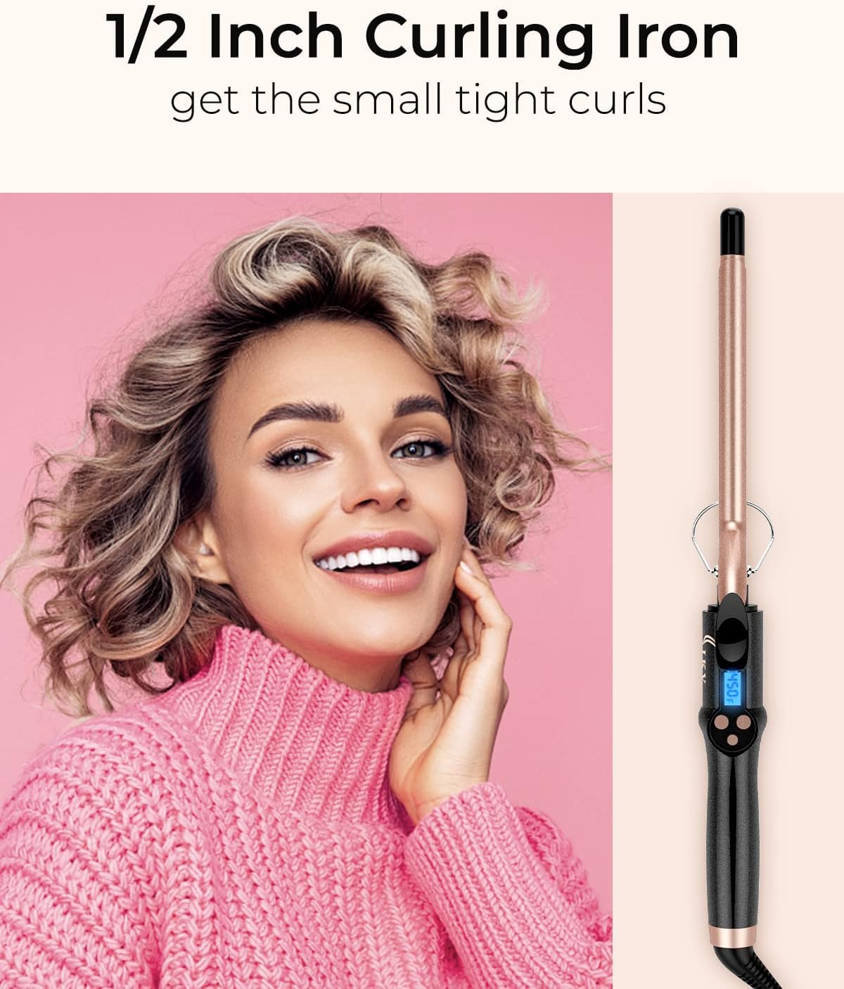 Small Curling Iron, 1/2 Inch Long Barrel for Short Hair, Ceramic Skinny Curling Wand