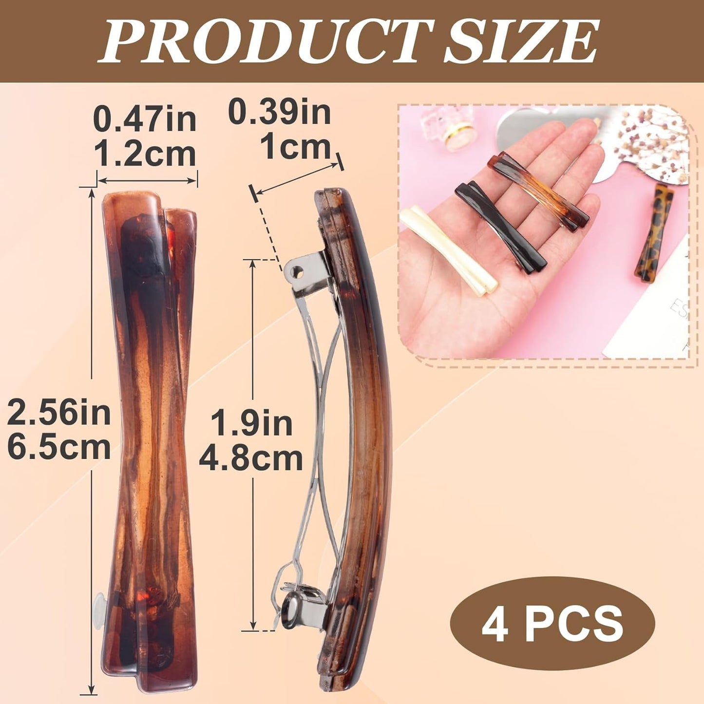 4pcs French Hair Barrette, 2.56 Inch Oval Flat Tortoise Shell Hair Clips, Non-Slip Vintage Long Short Straight Curly Hairpin Accessories for Women- Black & White & Amber & Leopard Color