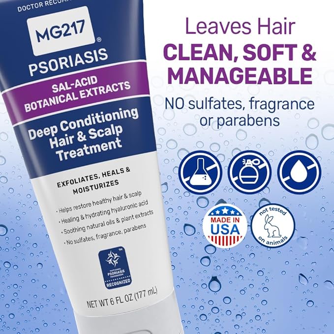 MG217 Deep Conditioning Salicylic Acid Scalp Treatment for Psoriasis, Exfoliates, Heals, Moisturizes, Hyaluronic Acid, Natural Oils, Plant Extracts, Sulfate free, Paraben Free, Fragrance Free, 6 floz