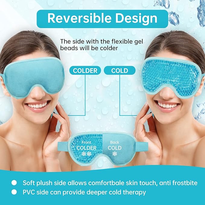 2 PCS Reusable Ice Eye Mask - Hot Cold Therapy Gel Bead for Puffiness, Dark Circles, Bags, Dry Eyes, Headaches, Migraines, Stress Relief - Cooling Ice Pack (Blue)