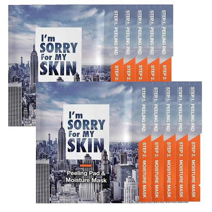 I'M SORRY FOR MY SKIN Peeling Pad & Moisture Mask, Korean Toner & Exfoliating Face Pads, Makeup Remover Cotton Rounds, Glass Skin Self Care Items, 2-Step Skin Care Travel Essentials Kit (Set of 10)