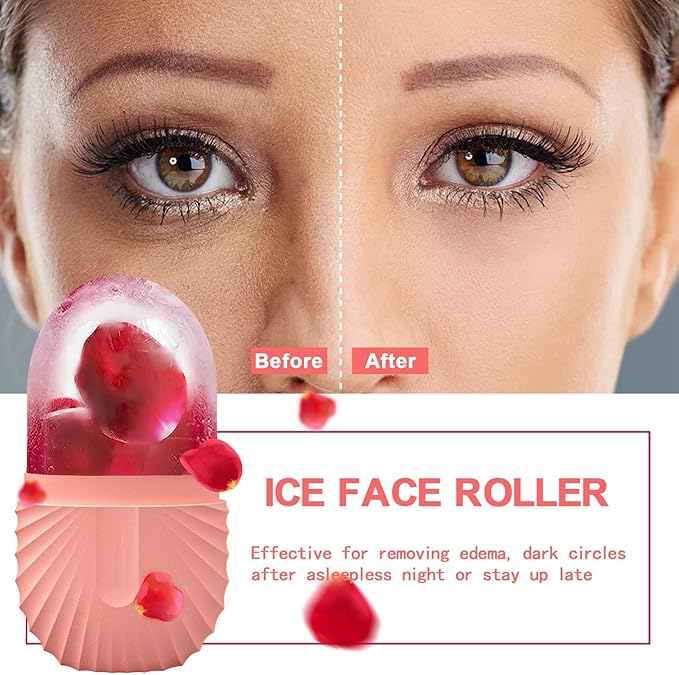 KOGITI Face Ice Roller & Mold - Beauty Facial Massage Tool for Puffiness Relief, Ice Cube Holder (Shell-Pink)