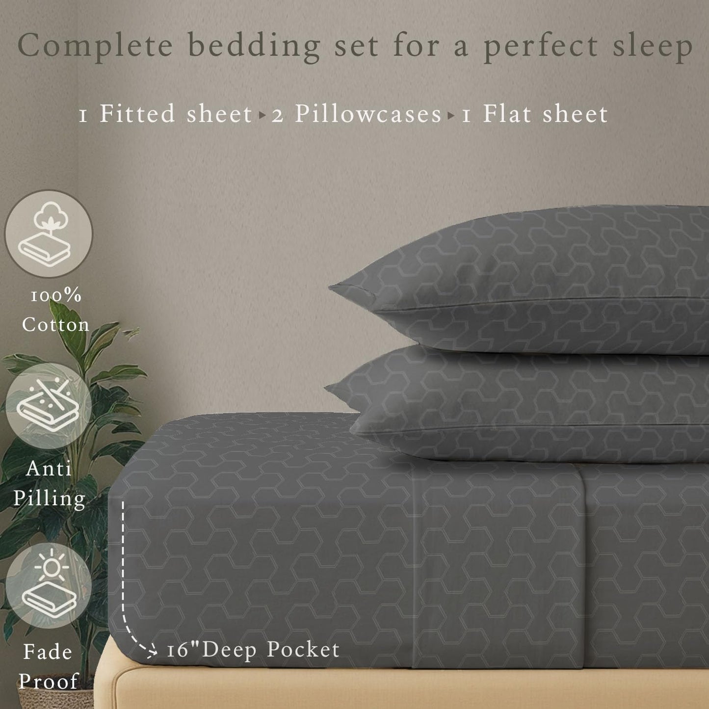 Threadmill 500 Thread Count Full Size 4 Pc Luxury Cotton Sheet Set, Jacquard Floria Dark Grey, Silky Smooth Sheets with 16" Elasticized Deep Pocket, 2 Pillowcases & Free Tote Bag