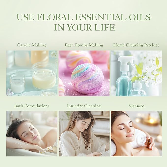 Floral Essential Oils Set | Top 6 Aromatherapy Oils Gift Set, Home Fragrance for Diffusers, Candle Making Scents - Lilac, Lavender, Chamomile, Jasmine, Rose, Gardenia for Relaxation, Stress Relief