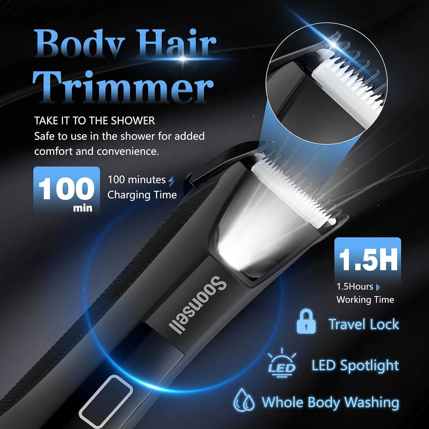 Soonsell Manscape Beard Trimmer for Men,IPX7 Waterproof 4 in 1 Men's Grooming Kit,Ball Shaver,Nose Hair Clippers,Electric Razor,Hair Clippers for Men,LED Display,Wet/Dry Trimmer