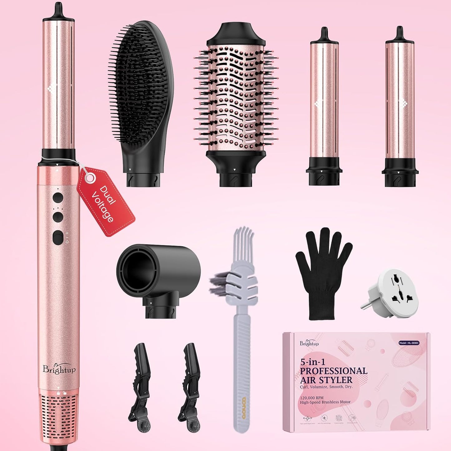 Brightup Dual Voltage Air Wrap Hair Styler - 5 in 1 High Speed Hot Air Styler 1400W Blow Dryer Brush, Negative Ions, Cool Shot Button, Curler, Volumizer, Straighter, No Heat Damage, with Travel Bag