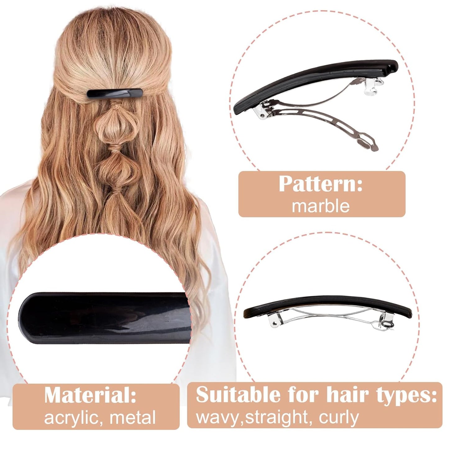 6PCS French Barrette Hair Clips for Women, 2.48 Inch Small Tortoise Shell Hair Clip, Curved Glossy Thin Hair Flat Hair Accessories for Women - Black, Oval Style