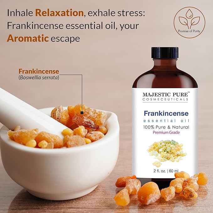 MAJESTIC PURE Frankincense Essential Oil with Glass Dropper | 100% Pure and Natural Frankincense Oil | Premium Grade Essential Oils for Diffusers, Skin, Aromatherapy, Massage | 2 Fl Oz