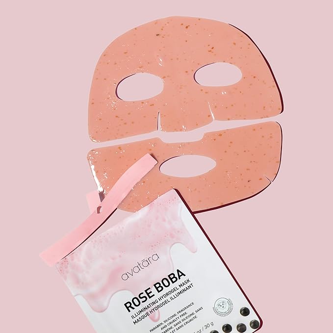 Avatara Rose Boba Hydrogel Mask, Cooling Facial Mask, 2-Piece Glow-Enhancing, Hydrating, Balancing Skin Care Mask with Niacinamide & Rose Extract, 30 g, 1-Pack