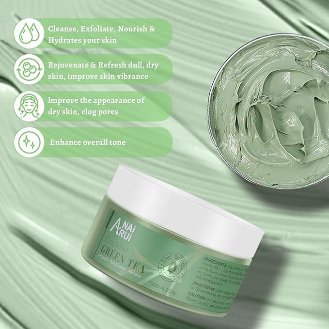 ANAI RUI Green Tea Mask, Clay Mask for Poreless Deep Cleanse, Green Tea Face Mask Blackhead Remover with Kaolin, Aloe, Collagen, Pore Minimizer, Hydrating, Moisturizing