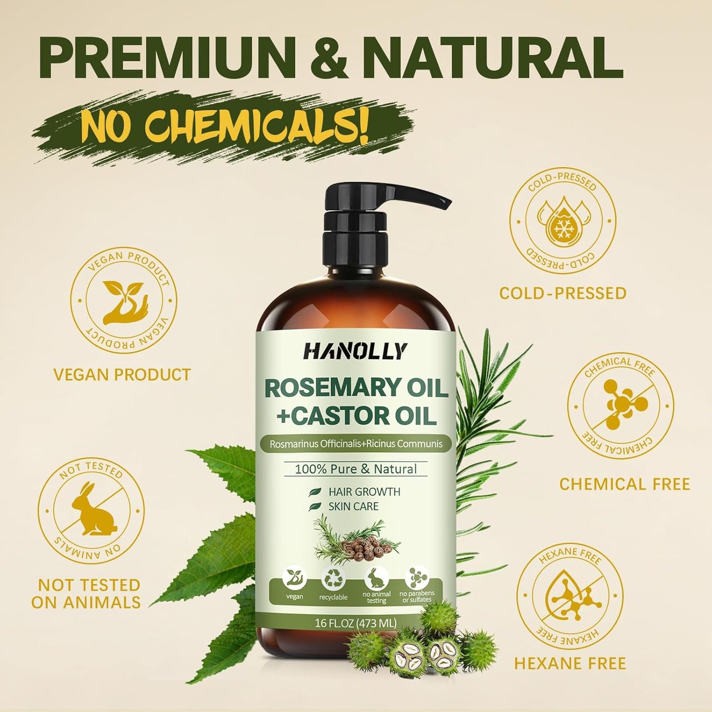 Rosemary Castor Oil for Hair Growth 16oz - 100% Pure Rosemary Oil with Castor Oil, Blend of Effective Hair Oils For Hair Growth, Hydration Scalp, Reduce Loss & Split Ends